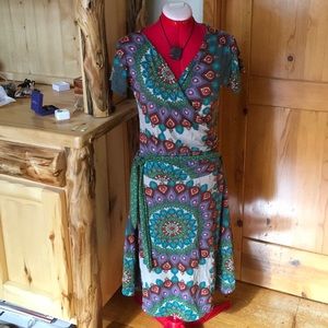 Festival fun paisley print knit wrap dress